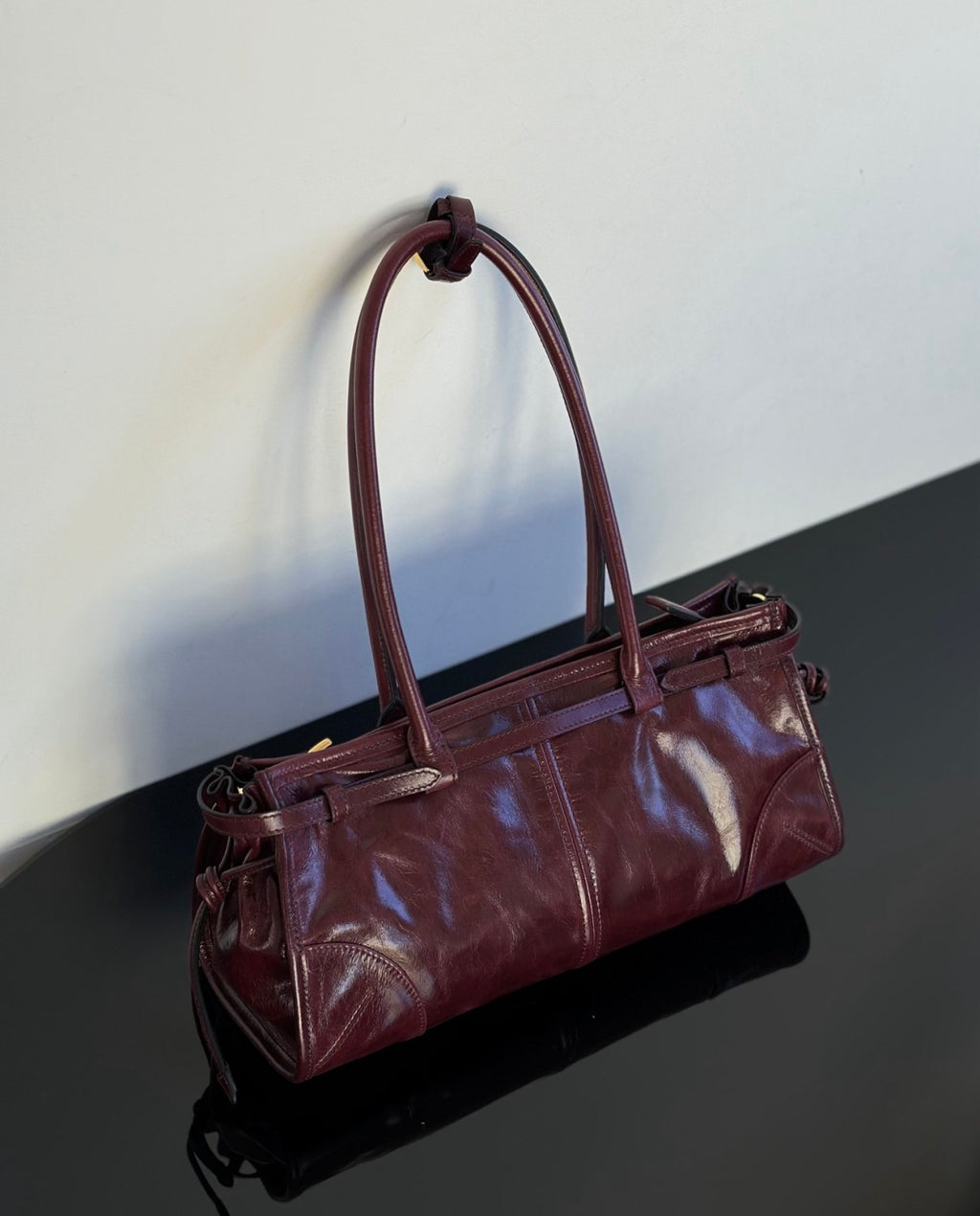 Prada Soft Lux new Bordeaux red motorcycle bag. authentic quality. made of waxed leather. with long handles and a detachable long shoulder strap #83132A