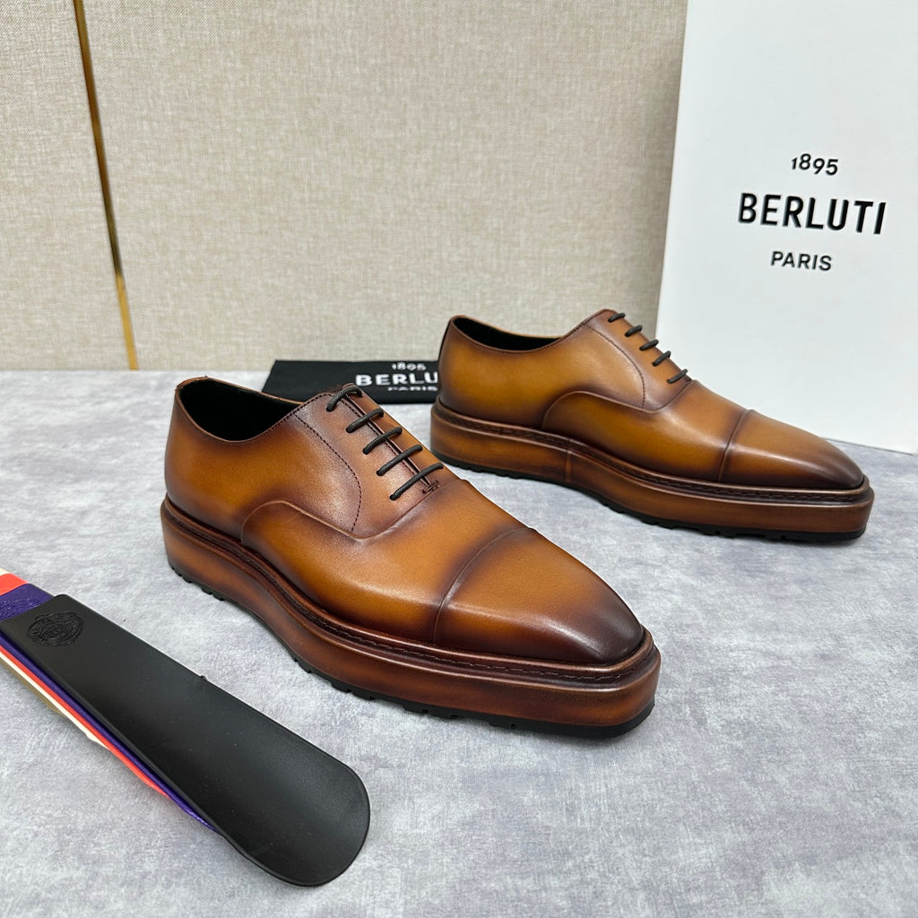 Berluti Alessandro Altof Men's Fall/Winter Fashion Classic Round Toe Slip On Lace Up Handcrafted Vintage Leather Oxford Shoes #79112