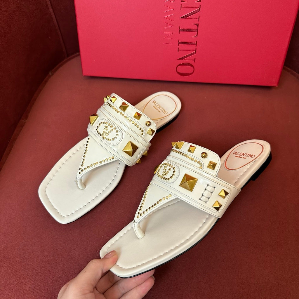 Valentino Women's Summer Solid Color Leather Studded Flat Toe Thong Sandals Slippers Shoes #76982