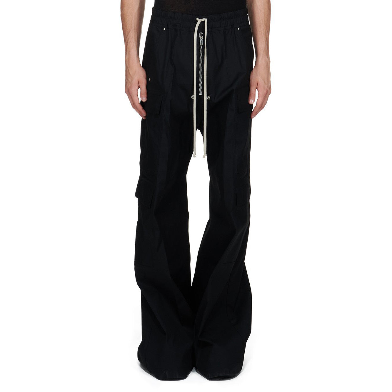 Rick Owens Men's Spring & Fall Black Multi-Pocket Drawstring Zipper Wide Leg Flared Pants #72482