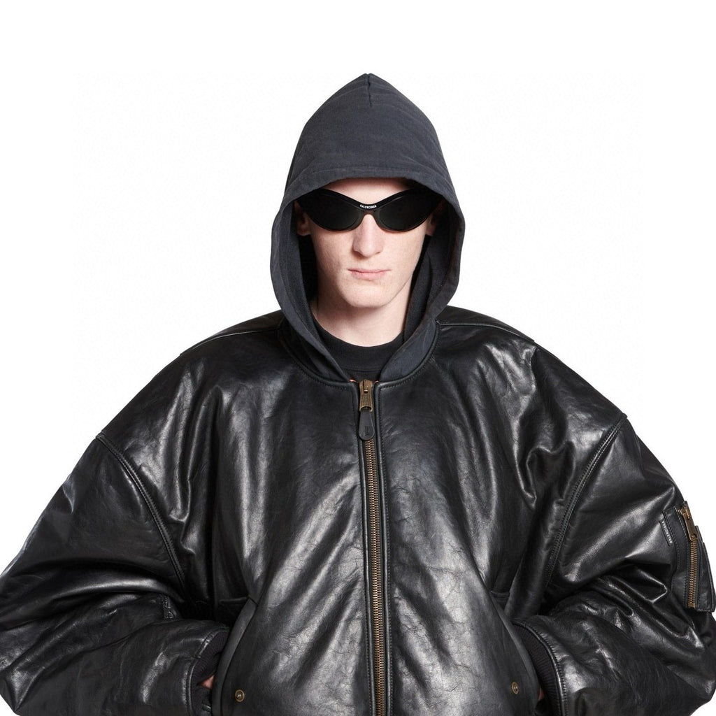 Balenciaga Men's Fall/Winter Black Letter Print Hooded Drop Shoulder Long Sleeve Zipper Leather Jacket #72777