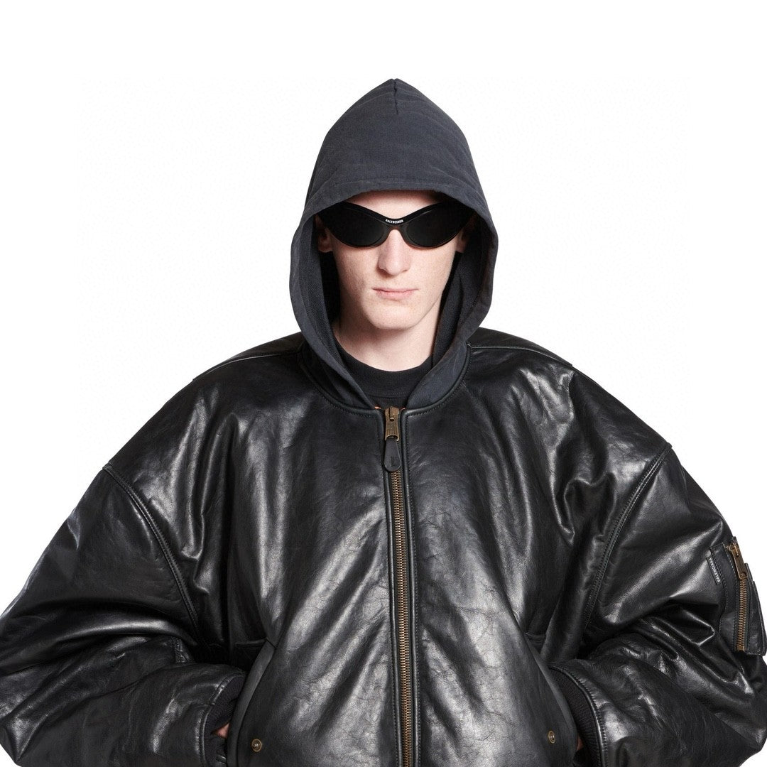Balenciaga Men's Fall/Winter Black Letter Print Hooded Drop Shoulder Long Sleeve Zipper Leather Jacket #72777