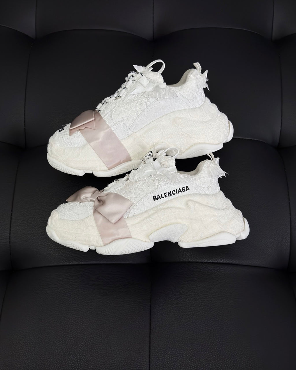 Balenciaga Triple S Lace Women's Solid Color Bow-Decorated Low-Top Lace-Up Thick-Sole Sneakers Shoes #77559