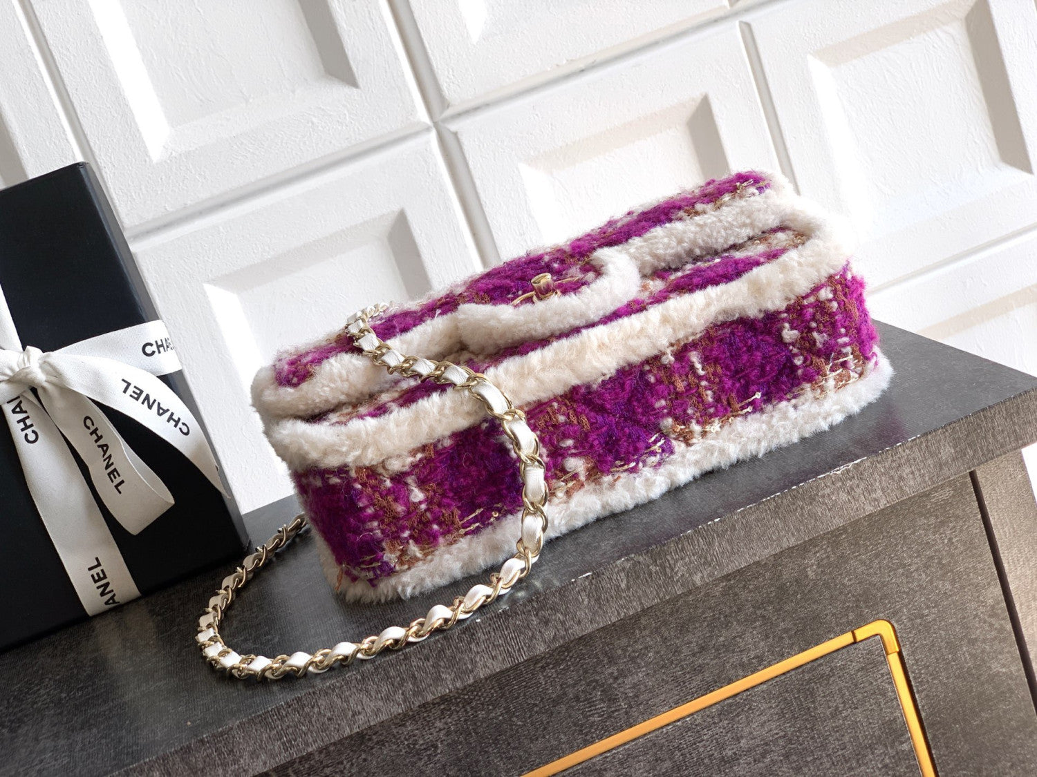 Chanel Large Flap Bag Tweed Shearling Lambskin #333980