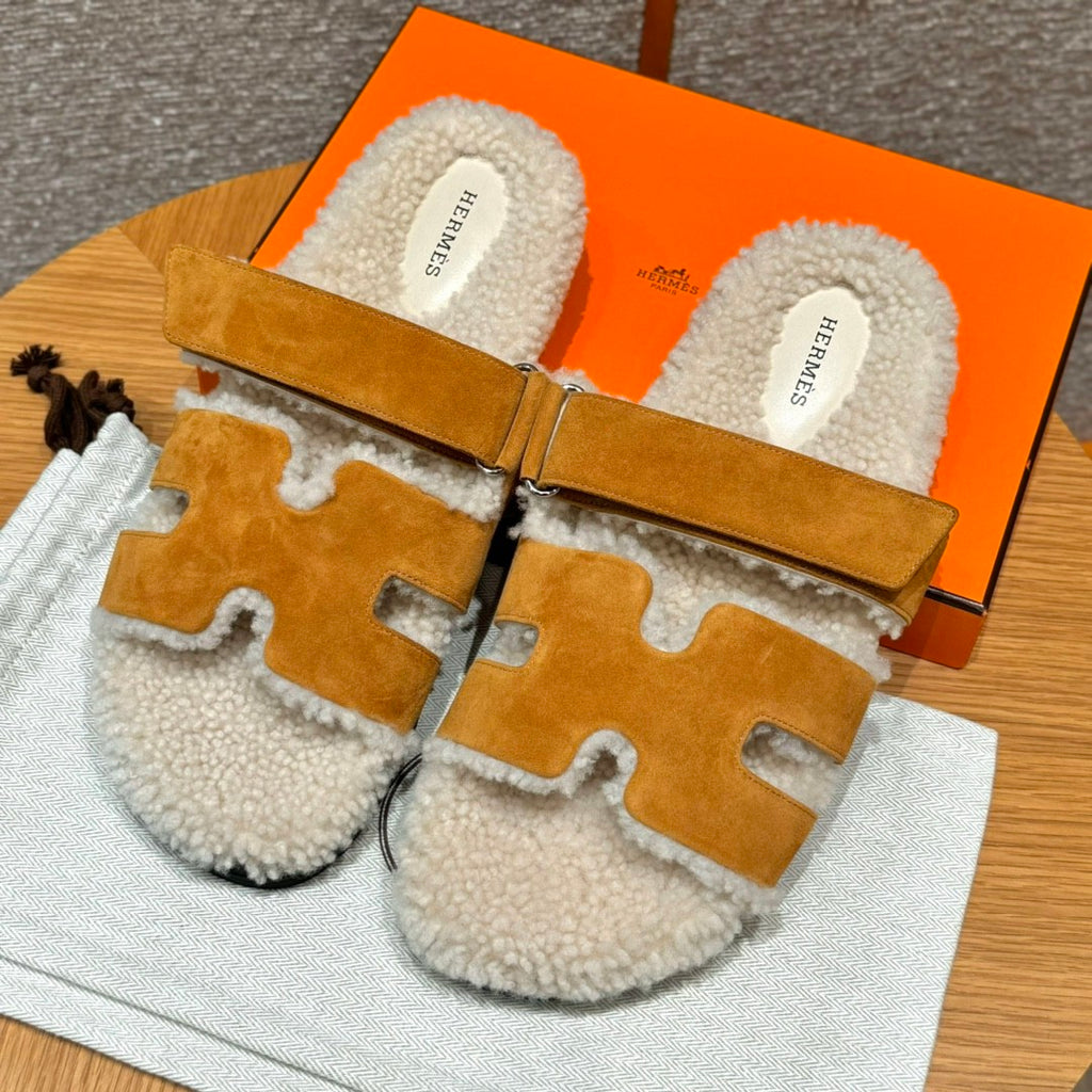 Hermes Chypre Men's And Women's Spring/Fall Fashion Casual Suede Shearling Flip Flop Sandals Shoes #78741