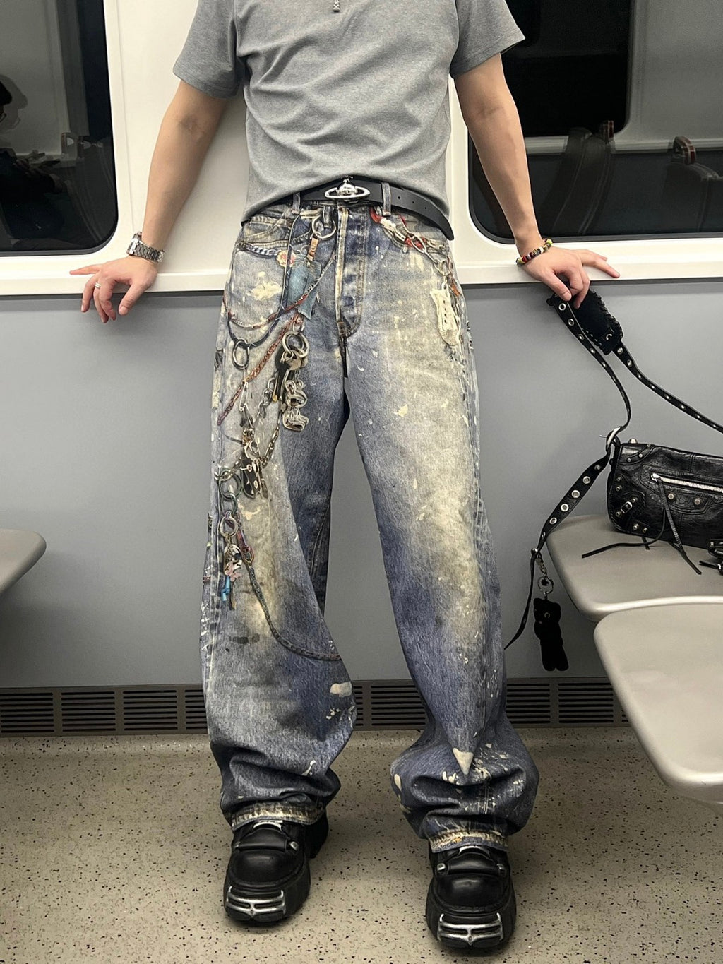 Acne Studios Men's And Women's 3DPrinted Pattern Loose Low Waisted Casual Wide Leg Solid Color Denim Pants Ngvp #8513