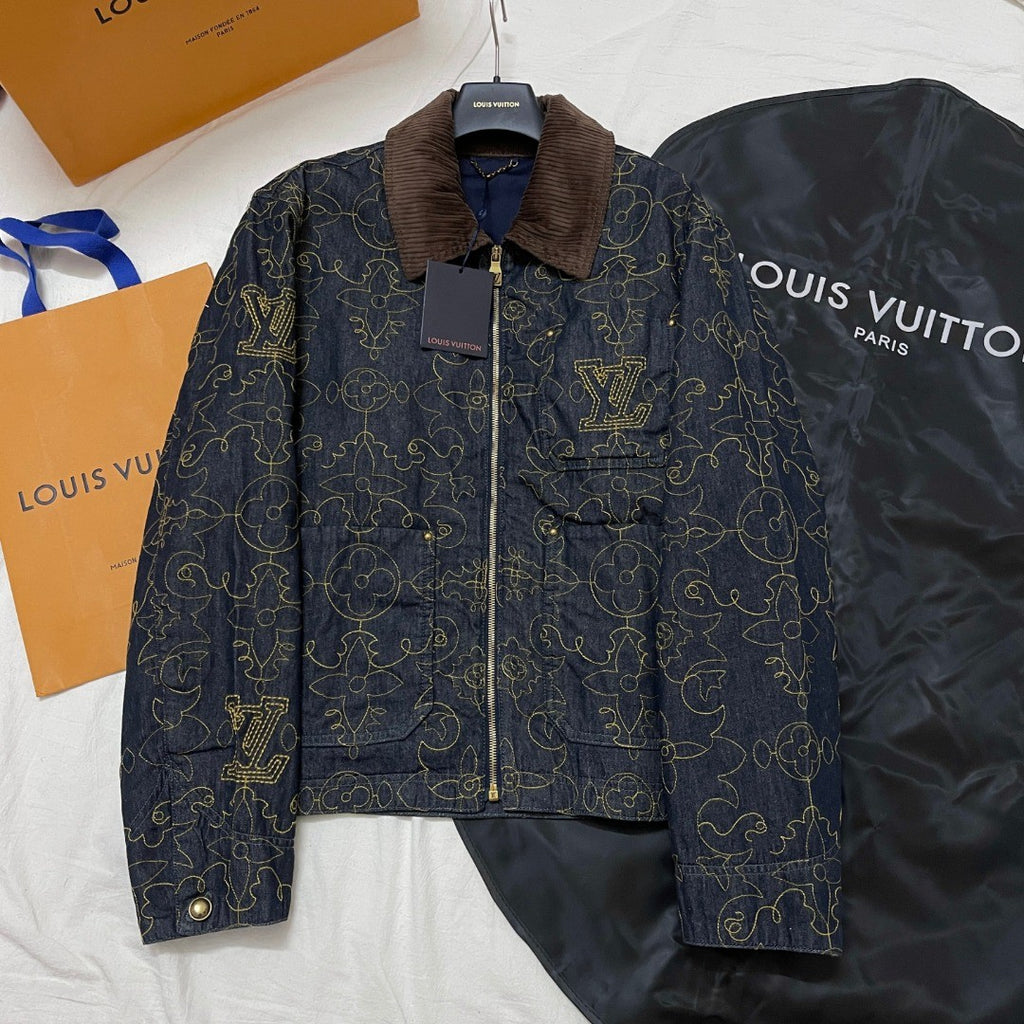 Louis Vuitton Men's Spring And Fall Logo Embroidery Zipper Lapel Long Sleeved Denim Jacket Casual Jeans Pants Suit Set #75267