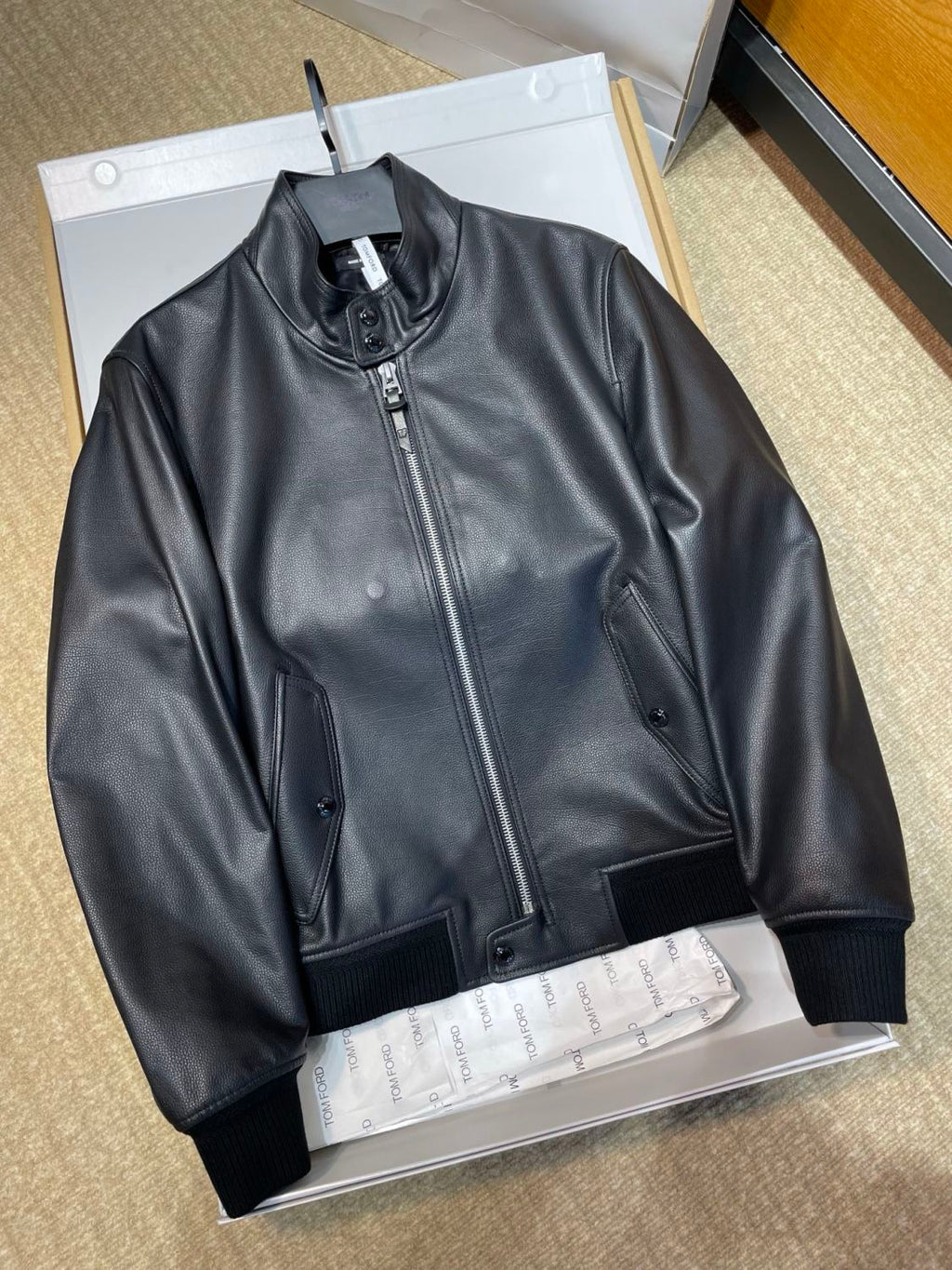 Tom Ford Men's Fall/Winter Fashion Classic Solid Color Leather High Neck Zipper Long Sleeve Leather Jacket #79141