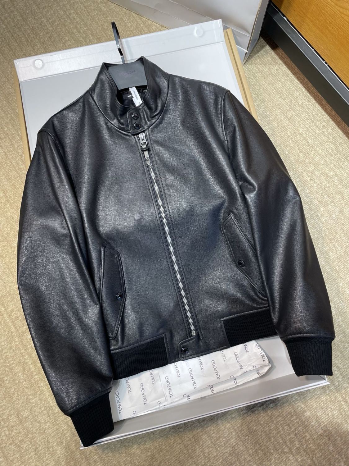 Tom Ford Men's Fall/Winter Fashion Classic Solid Color Leather High Neck Zipper Long Sleeve Leather Jacket #79141