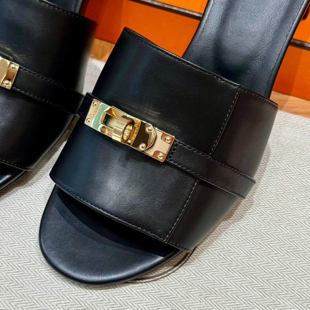 Hermes Women's Summer Fashion Casual Round Toe Chunky Heel Leather Gigi Kelly High Heel Sandals Shoes #78798