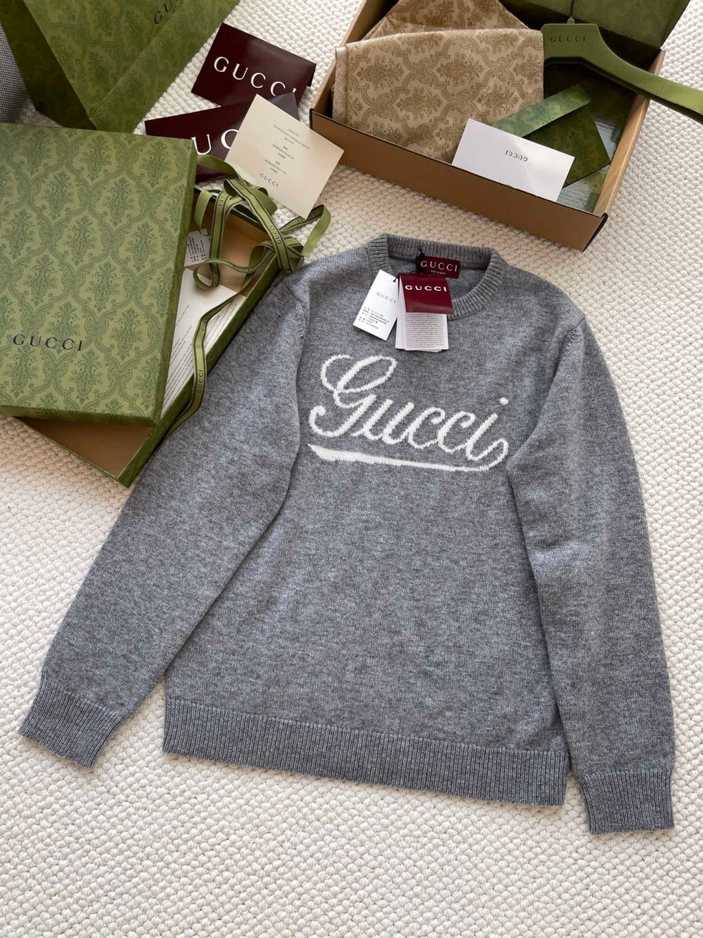 Gucci Men's Autumn and Winter Gray Logo Letter Applique Crew Neck Pullover Wool Long Sleeve Sweater #286788