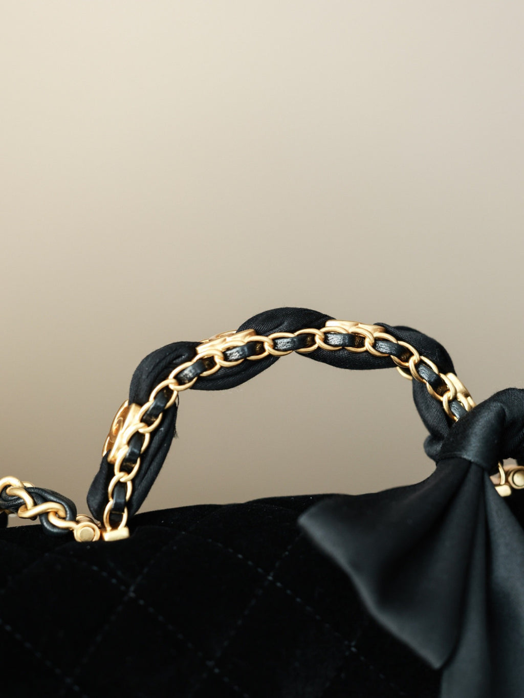 Chanel Mini Flap Bag With Top Handle Velvet Silk Gold-tone Metal Black #336177