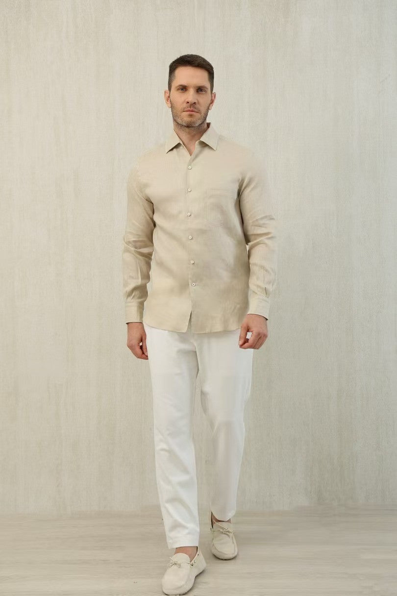 Loro Piana Men's Spring And Summer Solid Color André Shirt Lapel Single-breasted Linen Shirt Ngvp #7962