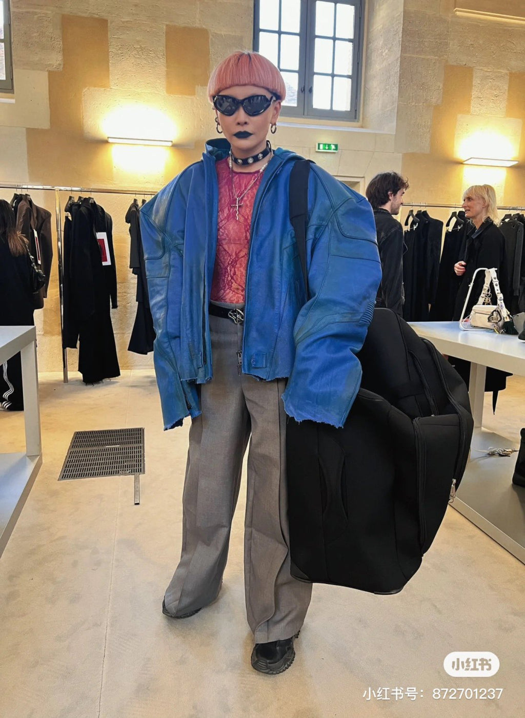 Balenciaga Men's Spring And Fall Fashion Zipper Blue Cowhide Hooded Long Sleeve Loose Biker Jacket Ngvp #8581