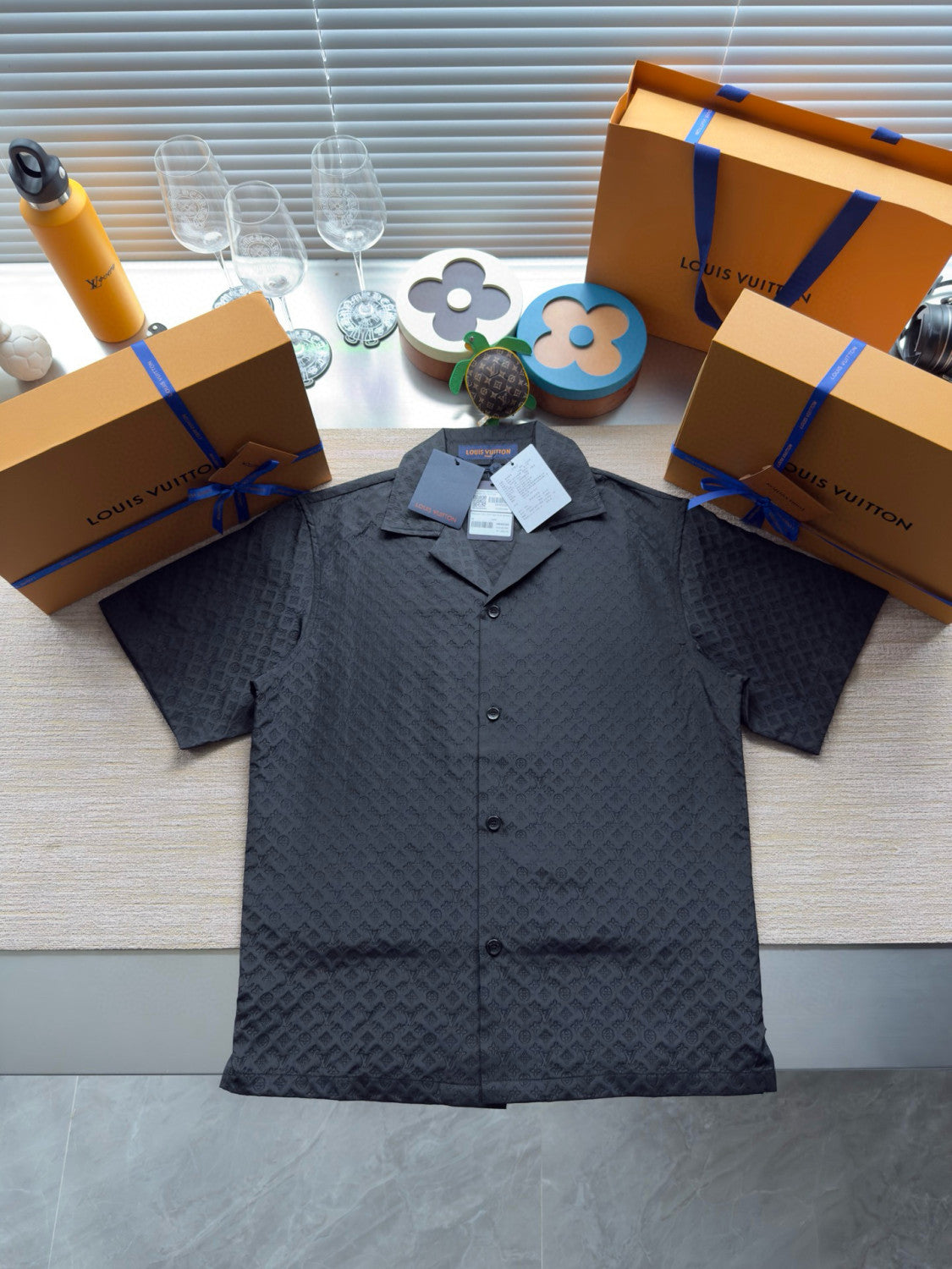 Louis Vuitton Men's Summer Solid Color Embroidered Full Print Silk Blend Single Breasted V-neck Short Sleeved Shirt And Casual Shorts Set Suit #77153