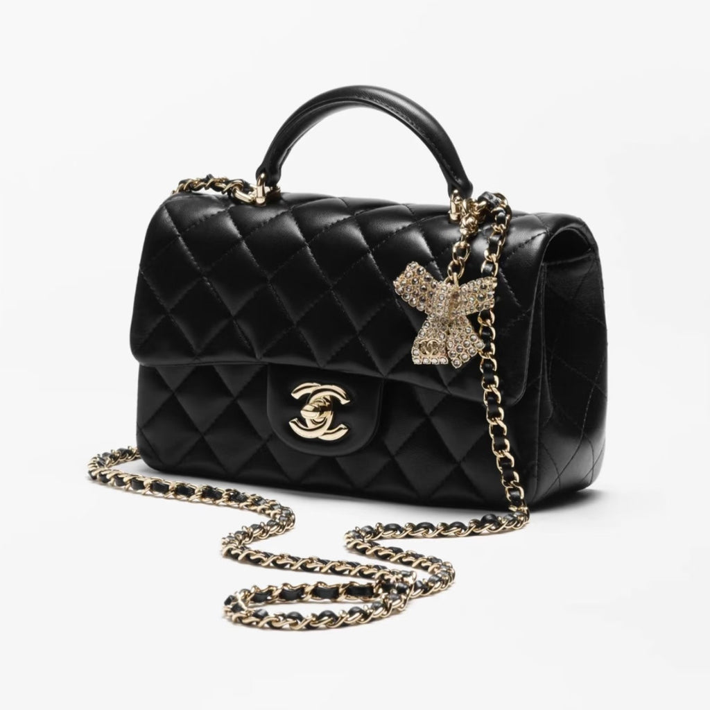 Chanel Mini Classic Handbag With Top Handle Lambskin Diamanté & Gold Metal Black #381896