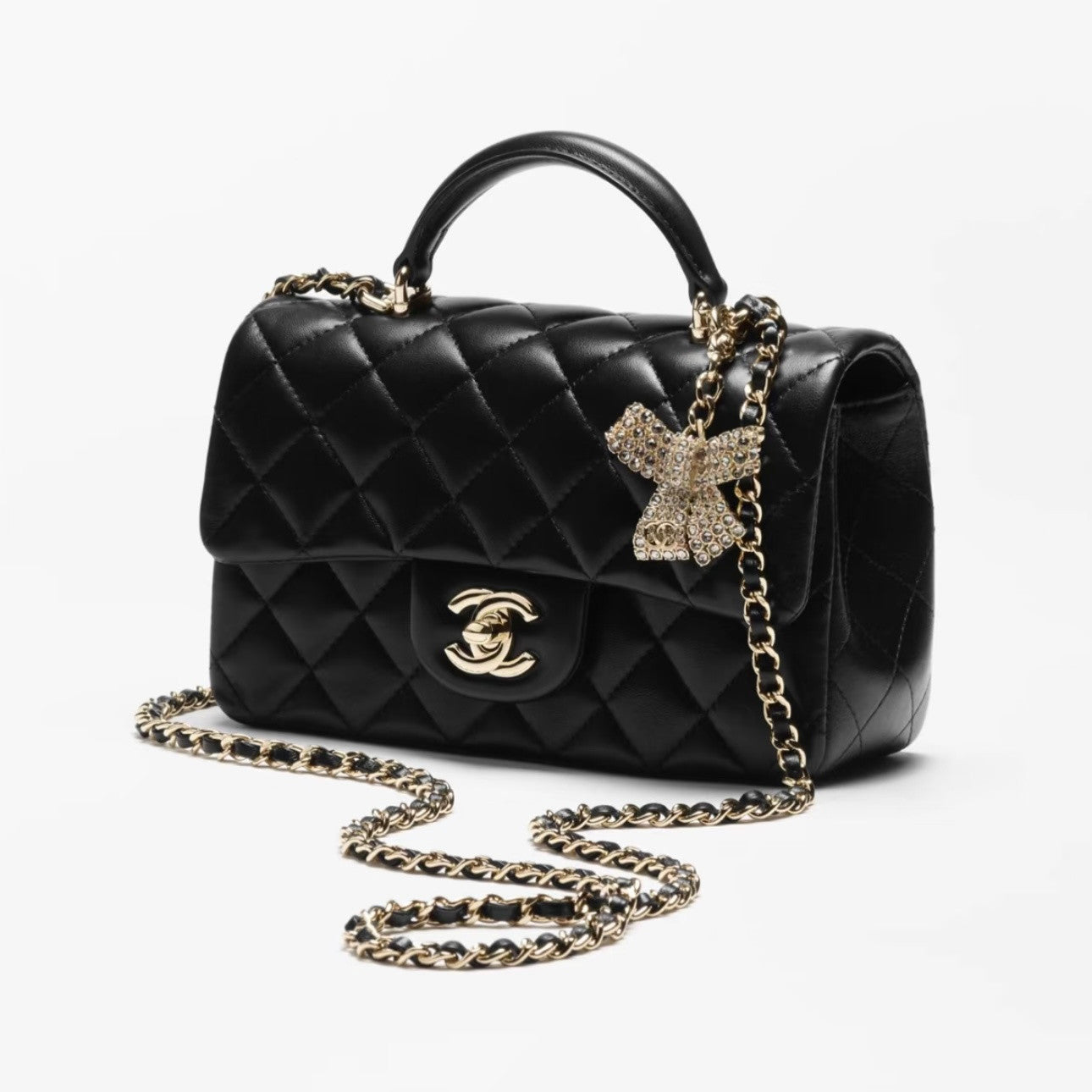 Chanel Mini Classic Handbag With Top Handle Lambskin Diamanté & Gold Metal Black #381896