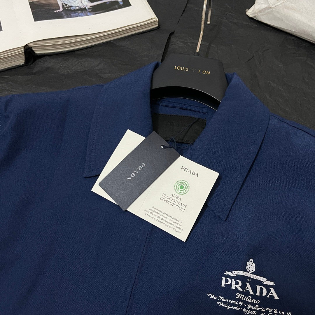 Prada Men's Spring/Fall Casual Fashion Solid Color Logo Collar Zipper Cotton Blend Long Sleeve Short Jacket #78559