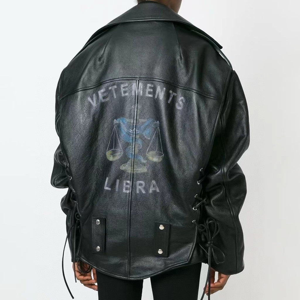 Vetements 16aw Scorpio Men's Fall/Winter Black Graffiti Printed Biker Multi-Zip Leather Jacket #97922