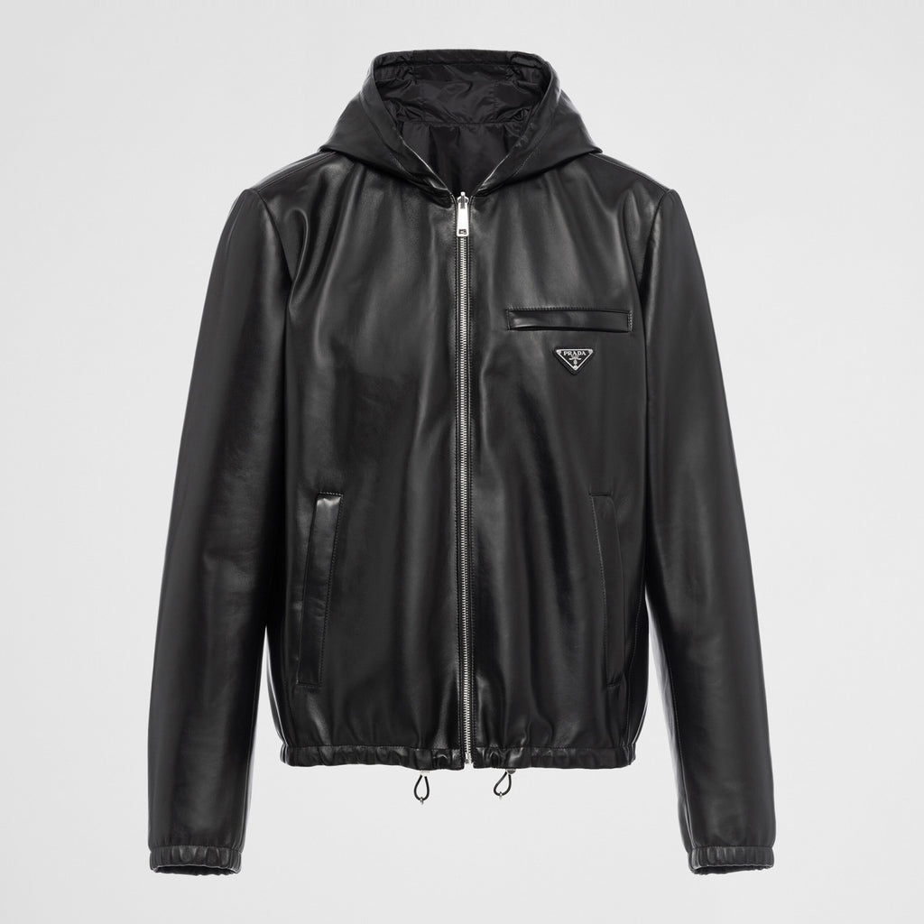Prada Men's Fall/Winter Black Triangle Metal Label Lambskin Reversible Wearable Zipper Jacket #72112