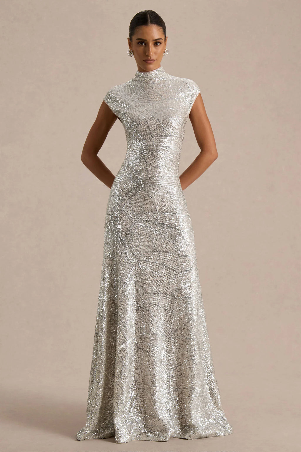 Cecy | Silver Sequin High-Neck Maxi Dress With Cap Sleeves
