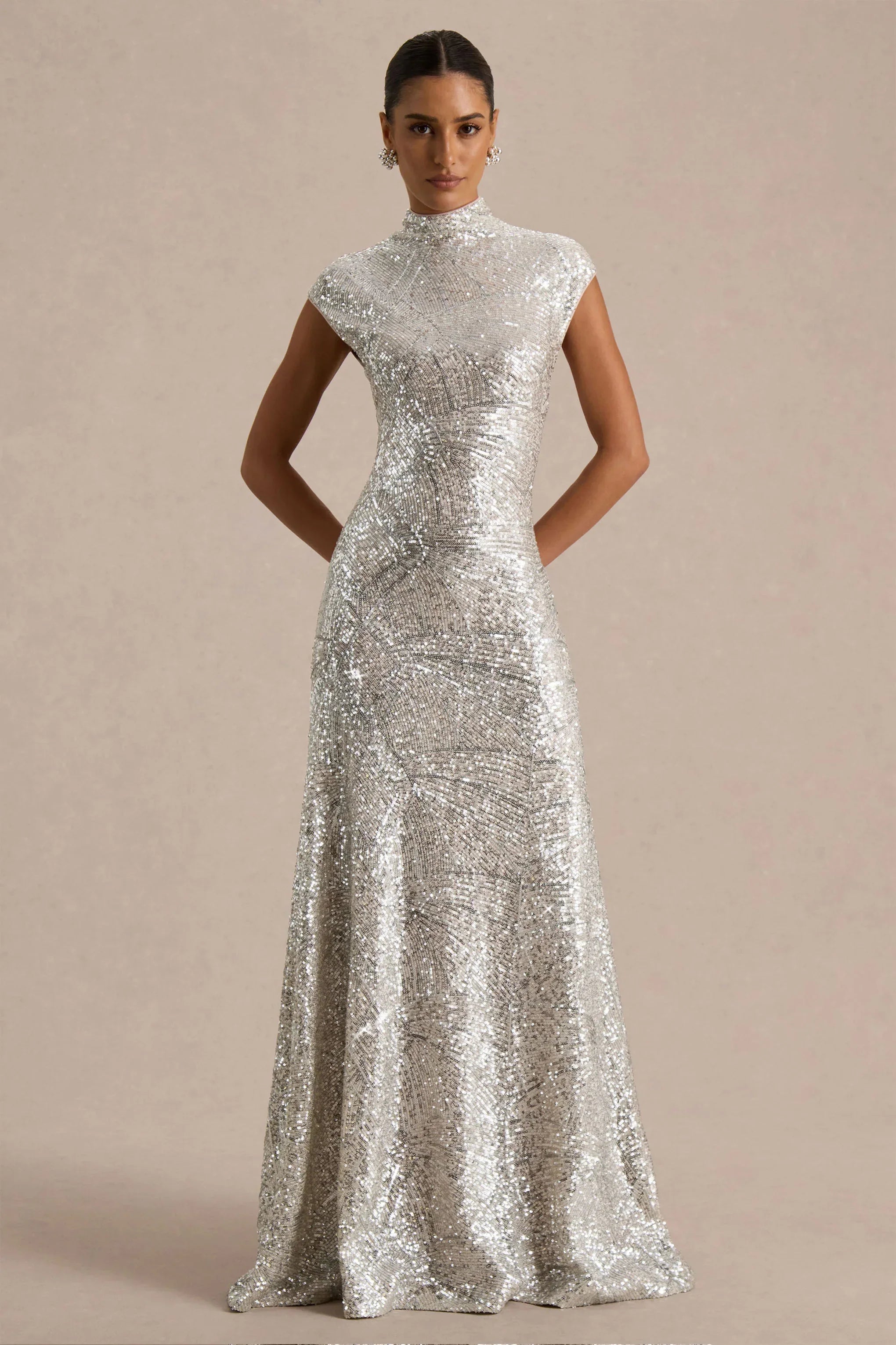 Cecy | Silver Sequin High-Neck Maxi Dress With Cap Sleeves
