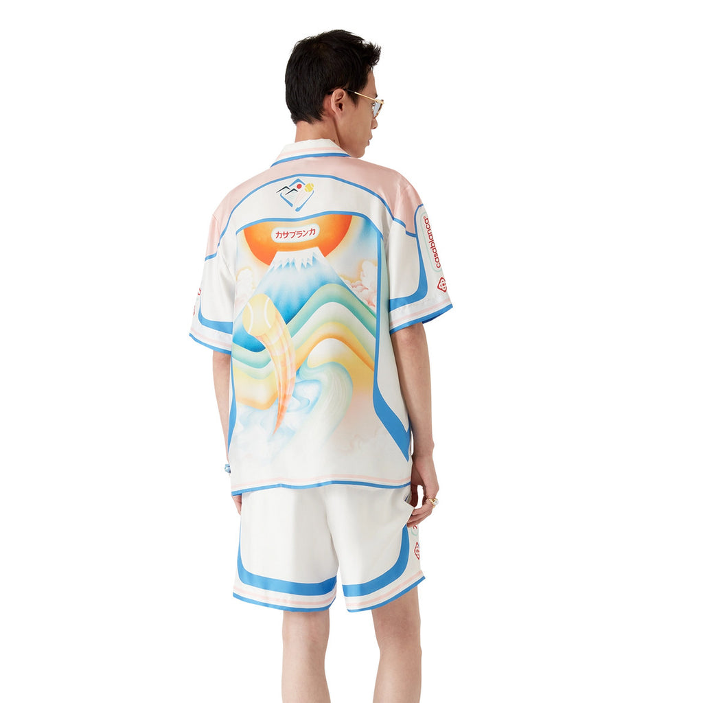 Casablanca Men's Summer Fashion Casual Volcano Print Single-Breasted Silk Short Sleeve Shirt with Waist Elastic Silk Shorts Suit Set #78743
