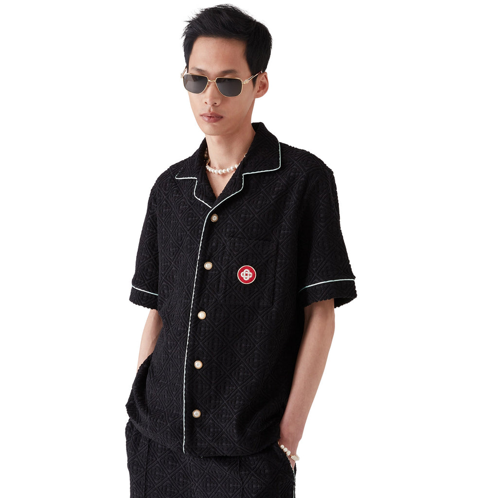 Casablanca Men's And Women's Spring/summer Fashion Casual Solid Color Towel Jacquard Collared Single Button Short Sleeve Shirt Waist Elastic Drawstring Towel Jacquard Casual Trousers Pants Suit Set #79547