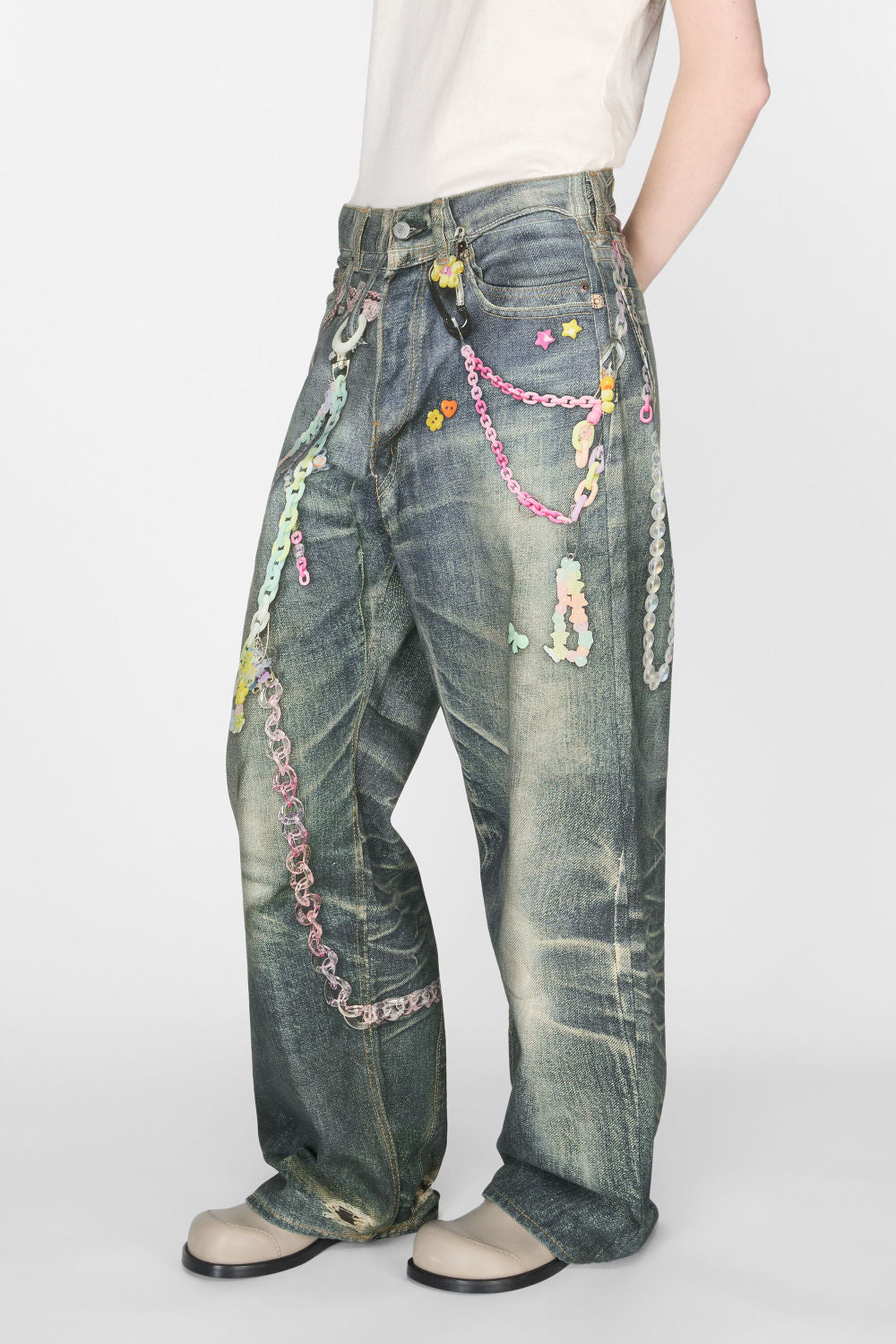 Acne Studios Men's Women's Four Seasons Chain Printed Loose Low Waist Solid Color Baggy Fit  Leg Denim Pants Ngvp #1386