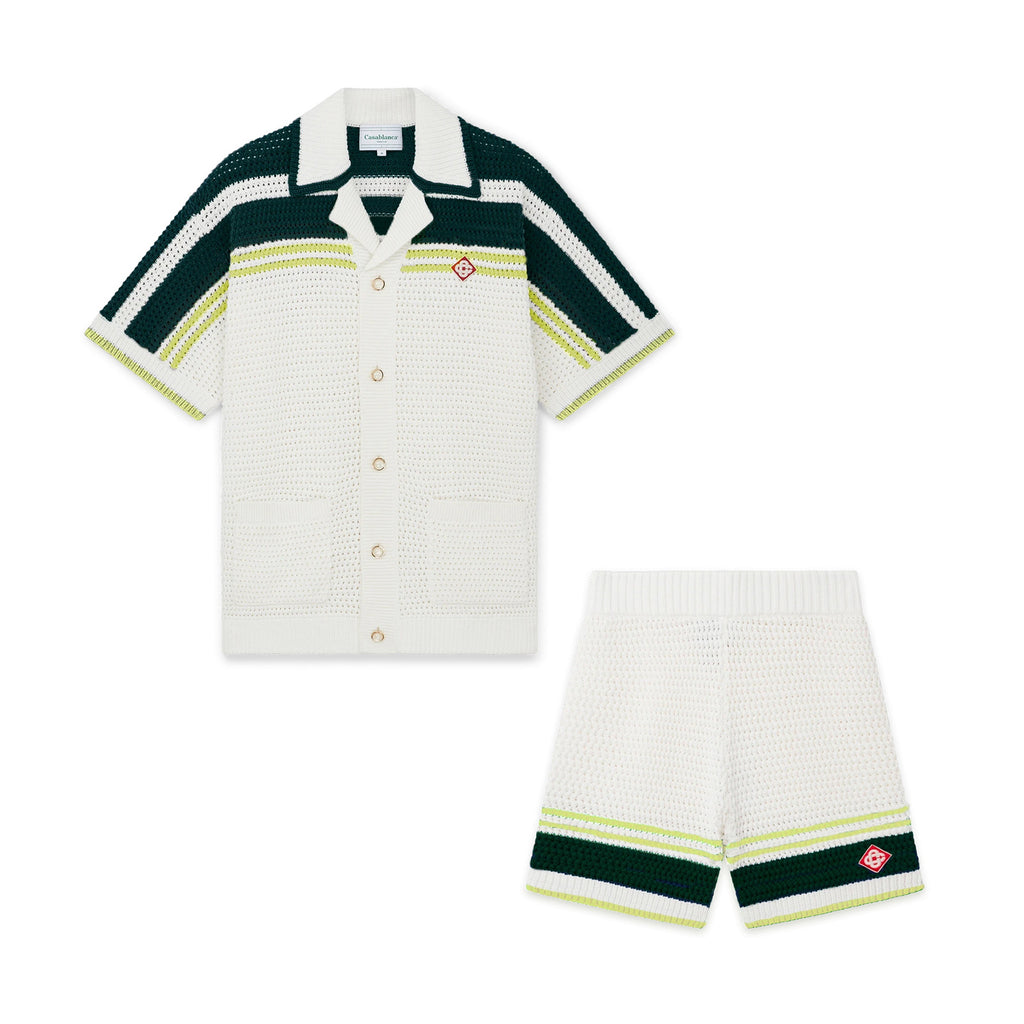 Casablanca Men's Summer Solid Color Skeleton Knit Breathable Single Breasted Short Sleeved Shirt Drawstring Tie Casual Knit Shorts Suit Set #76526