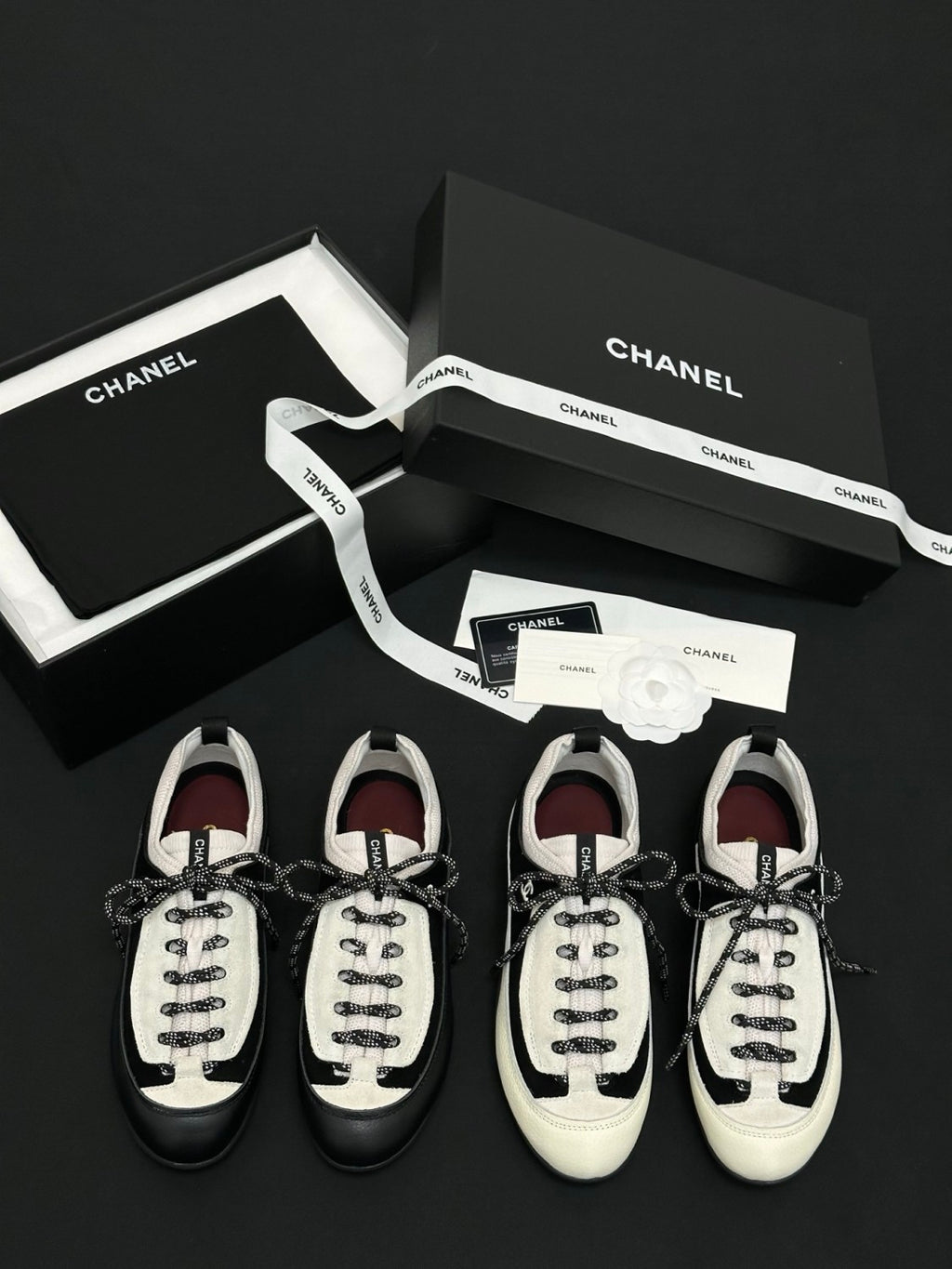 CHANEL Sneakers Velvet Calfskin Mixed Fibers Black White #386505