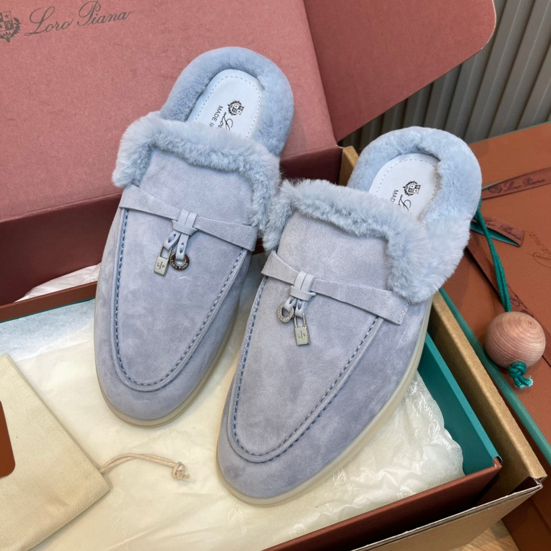 Loro Piana Women's Winter Fashion Casual Round Toe Slip On Beaver Fur Slippers Leather Rubber Sole Covered Toe Slippers  Shoes #78588