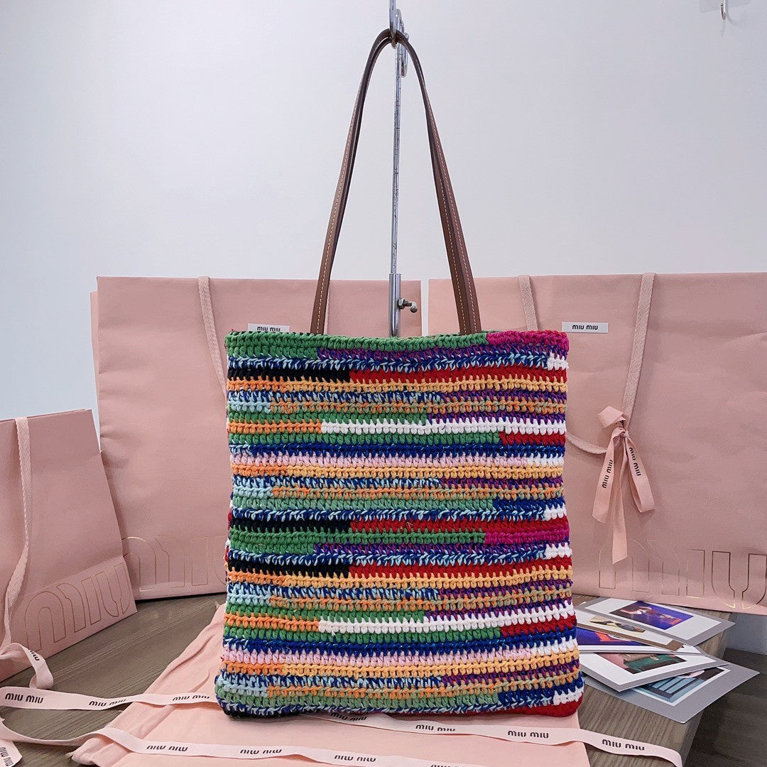 MiuMiu Women's Multicolour Embroidery Logo Crochet Shopping Bag Shoulder Handbag Tote Bags #76739