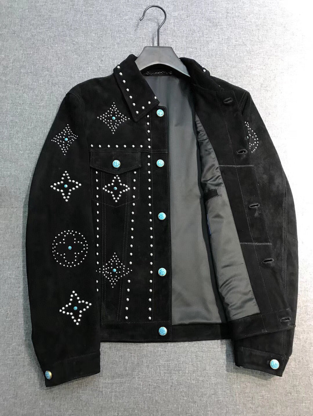 Louis Vuitton Men's Fall/Winter Black Logo Pattern Embroidery Lapel Long Sleeve Denim Jacket #73291