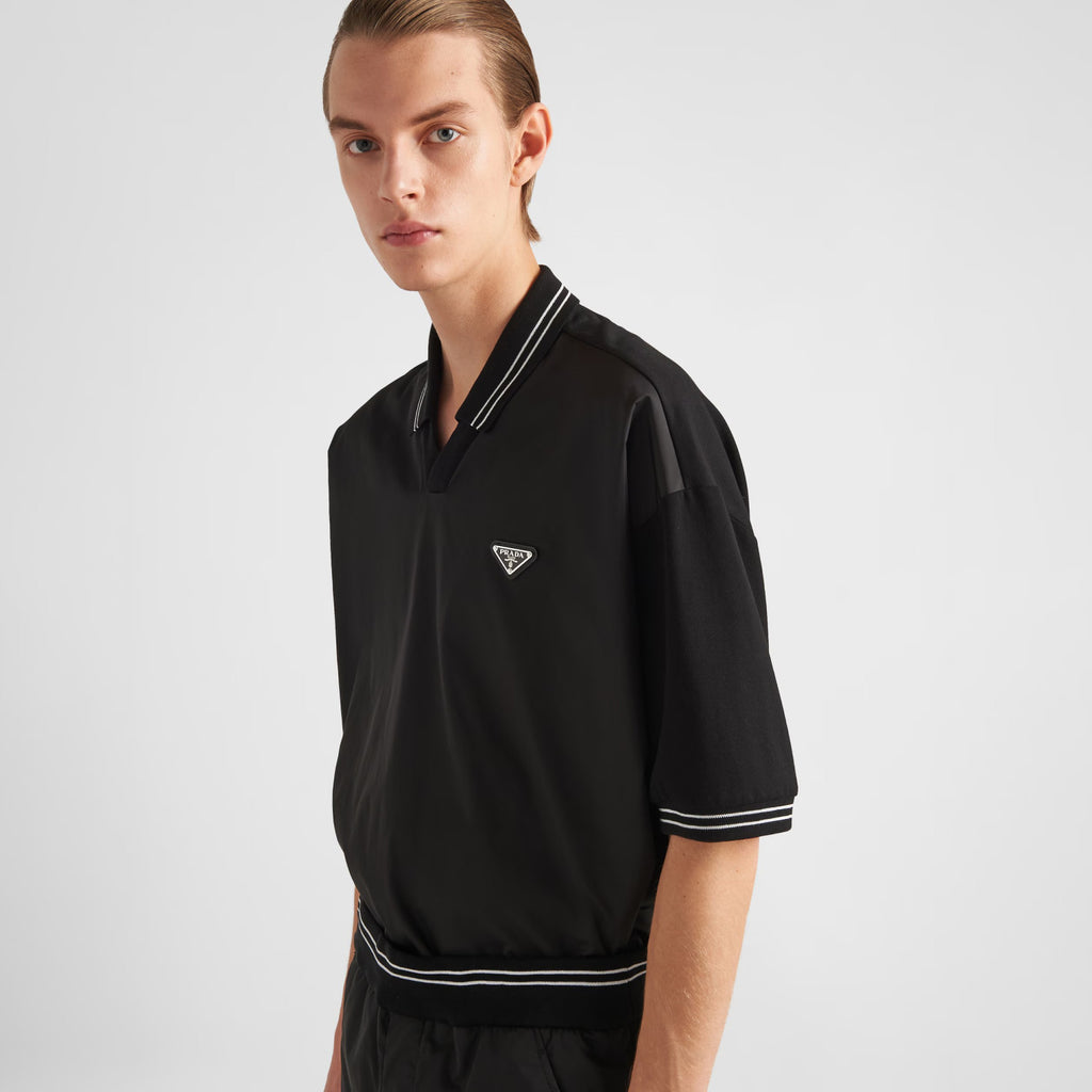 Prada Men's Summer Black Re-Nylon Detail Beaded Georgette Polo Shirt Short Sleeve Tee Striped Printed Bermuda Shorts Set Suit #99561