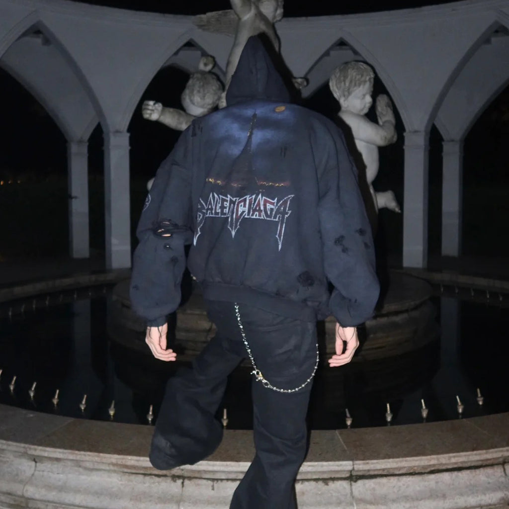 Balenciaga Men's Logo Letter Printed Torn Zipper Sweatshirt Loose Fit High Street Trend Dark Style Hooded Sweatshirt #71787