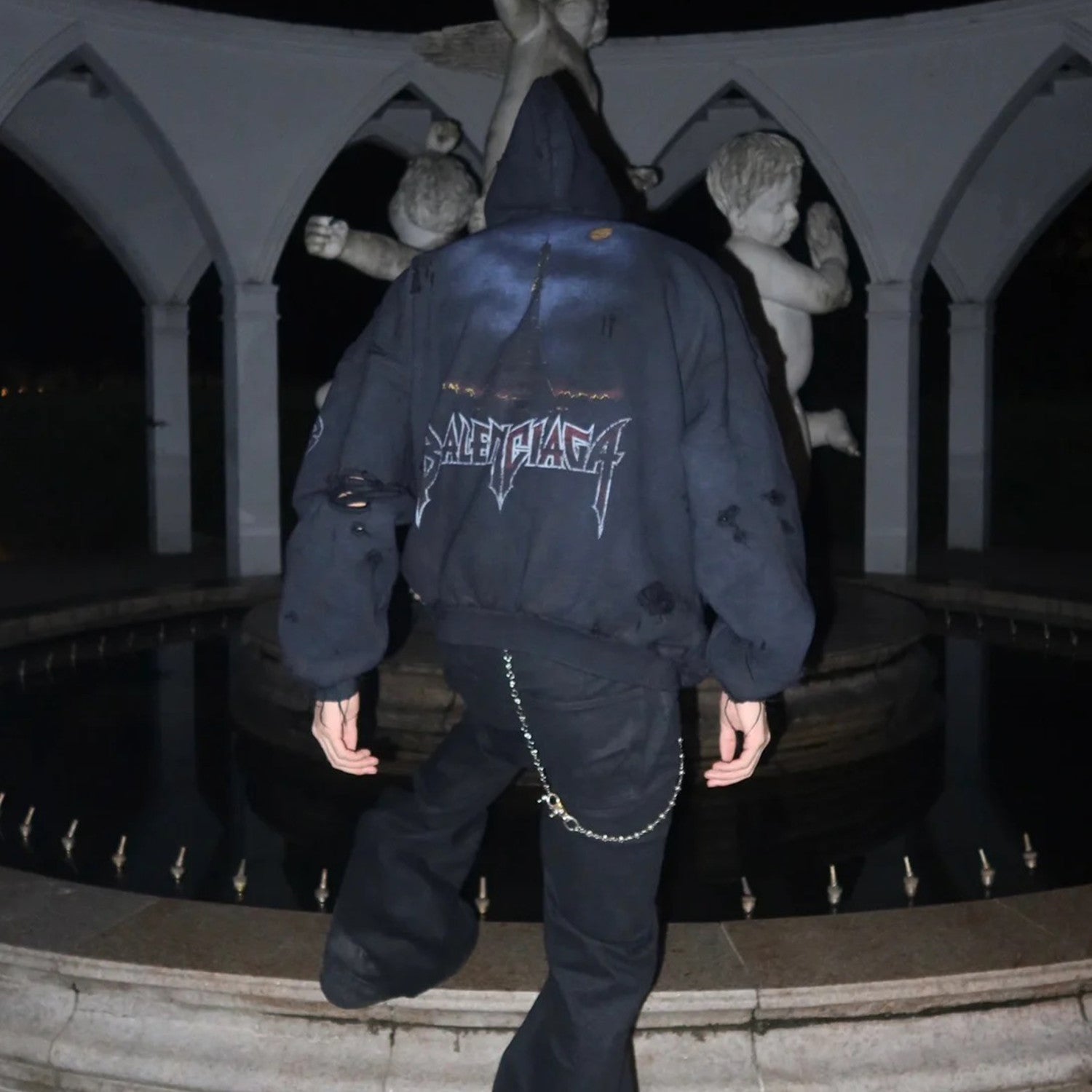 Balenciaga Men's Logo Letter Printed Torn Zipper Sweatshirt Loose Fit High Street Trend Dark Style Hooded Sweatshirt #71787