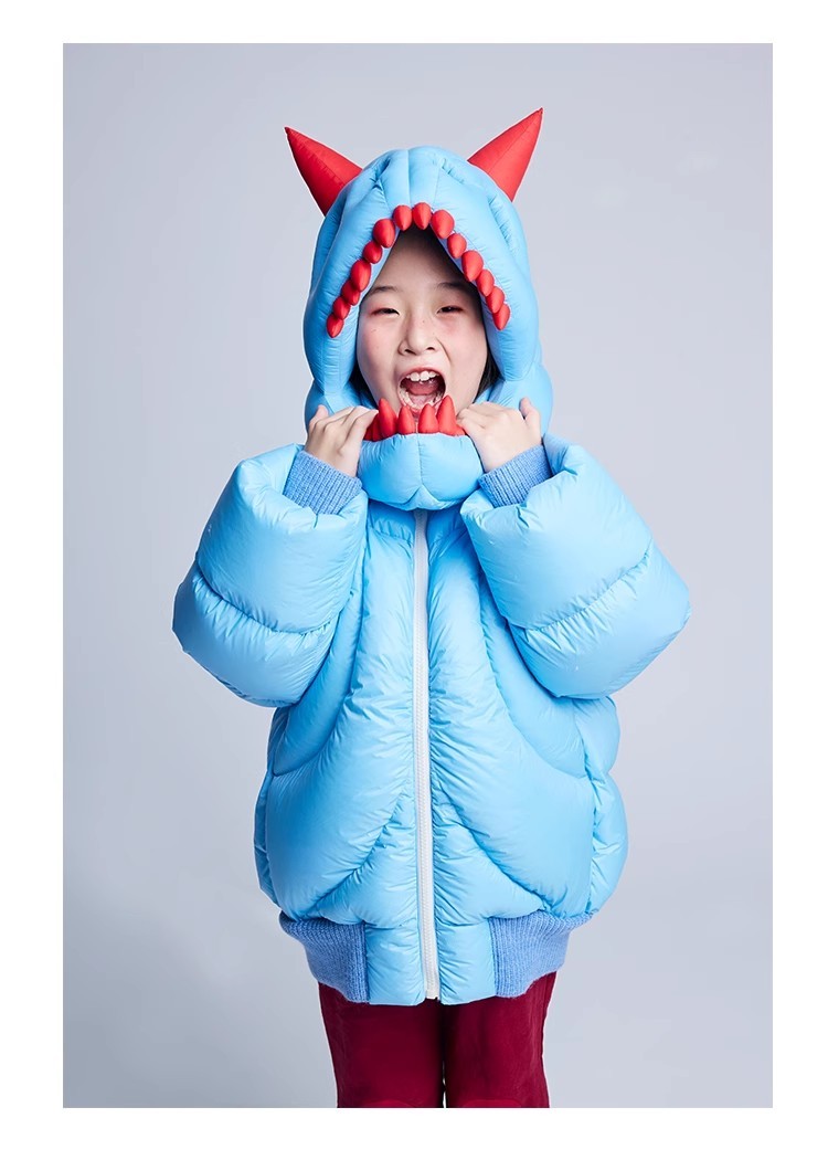 Kid's Autumn And Winter Solid Color Dinosaur Thickened Long Sleeve Hooded Puffer Down Jacket #31324