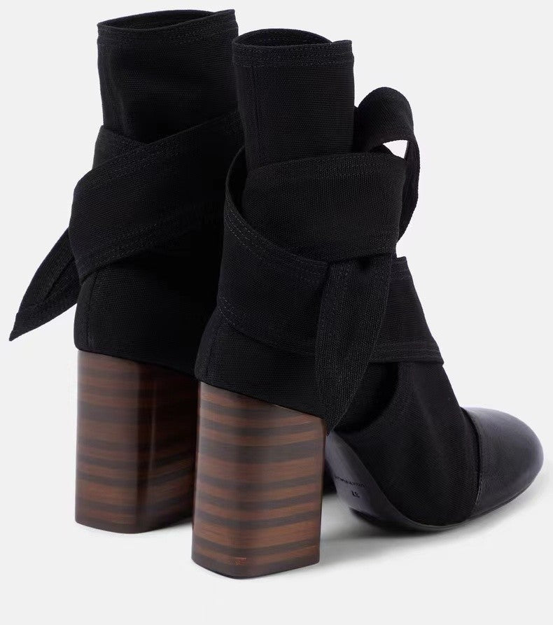 Lemaire Women's Canvas Leather High-Heeled Short Boots. Spring And Autumn Solid Color Bow Round Toe Lace-Up Thick Heel Casual Shoes Ngvp #2147