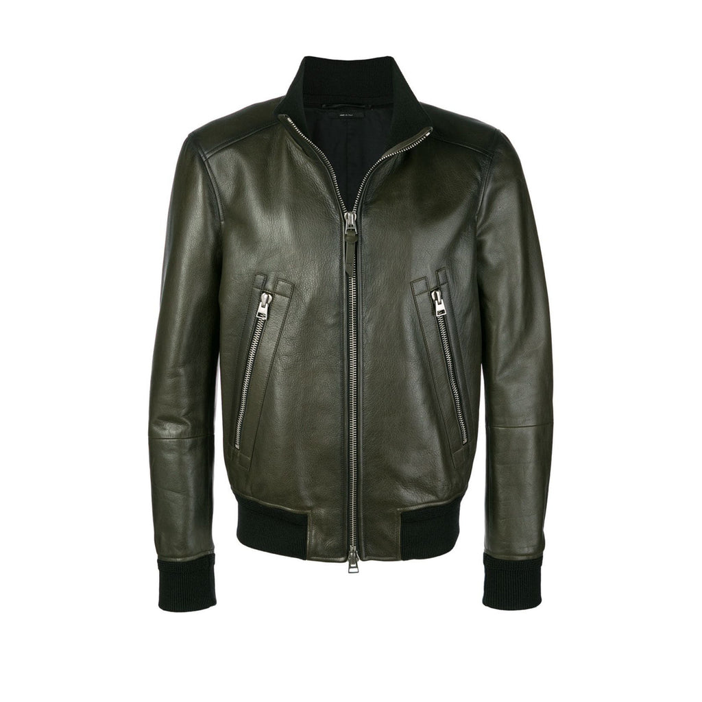 Tom Ford Men's Fall And Winter Green Standing Collar Cowhide Jacket Fashion Temperament Retro Zipper Casual Jacket Coat Ngvp #8949