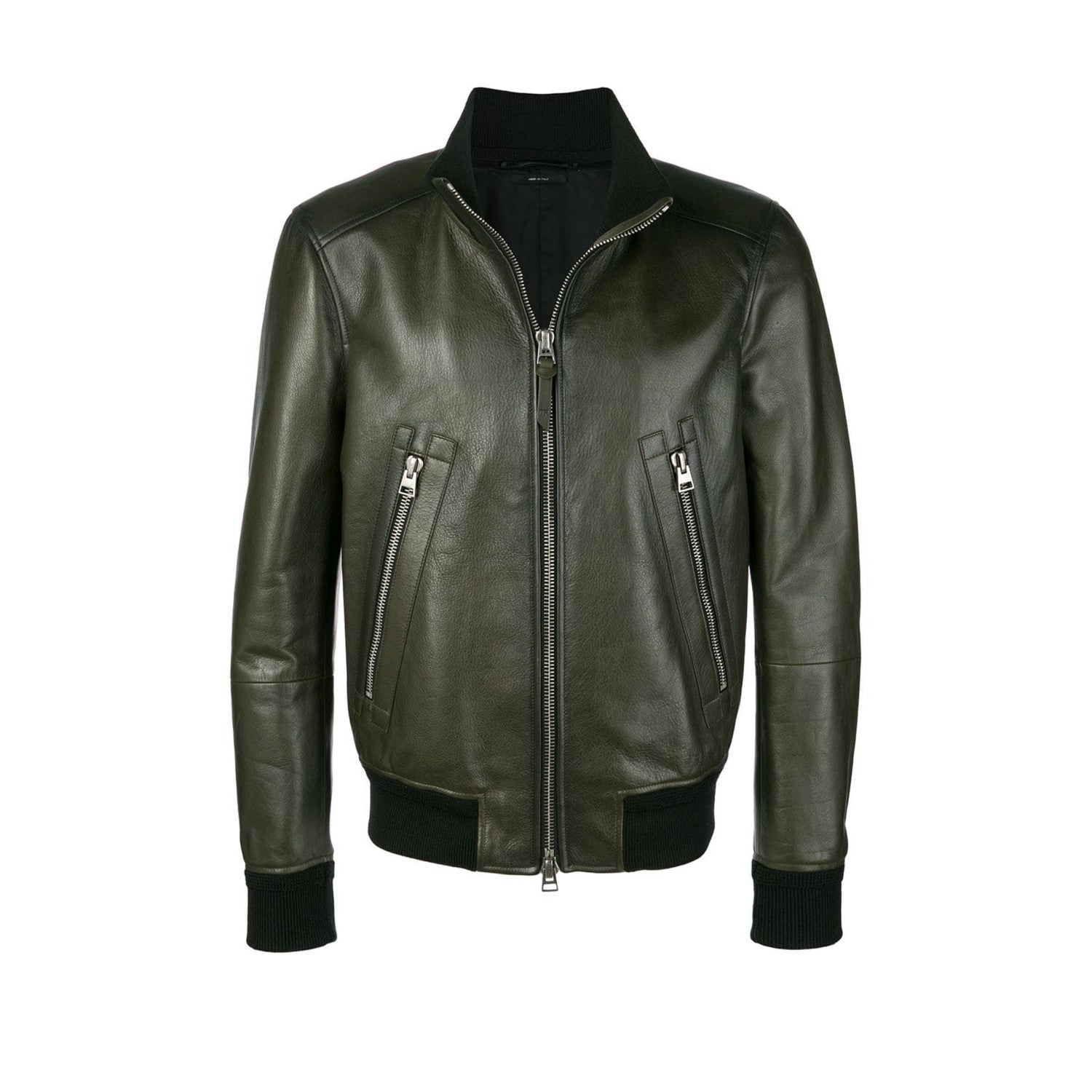 Tom Ford Men's Fall And Winter Green Standing Collar Cowhide Jacket Fashion Temperament Retro Zipper Casual Jacket Coat Ngvp #8949