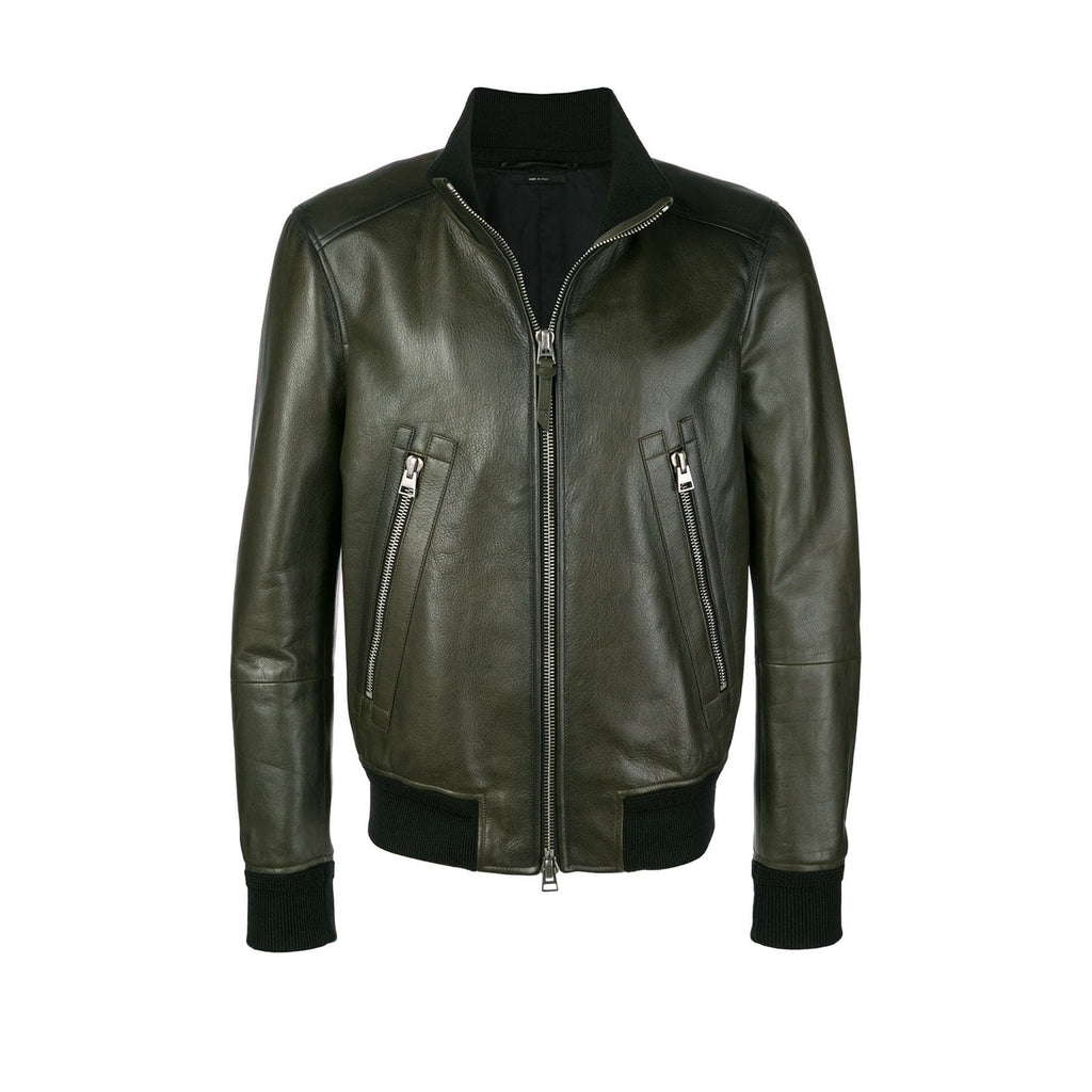 Tom Ford Men's Fall And Winter Green Standing Collar Cowhide Jacket Fashion Temperament Retro Zipper Casual Jacket Coat Ngvp #8949