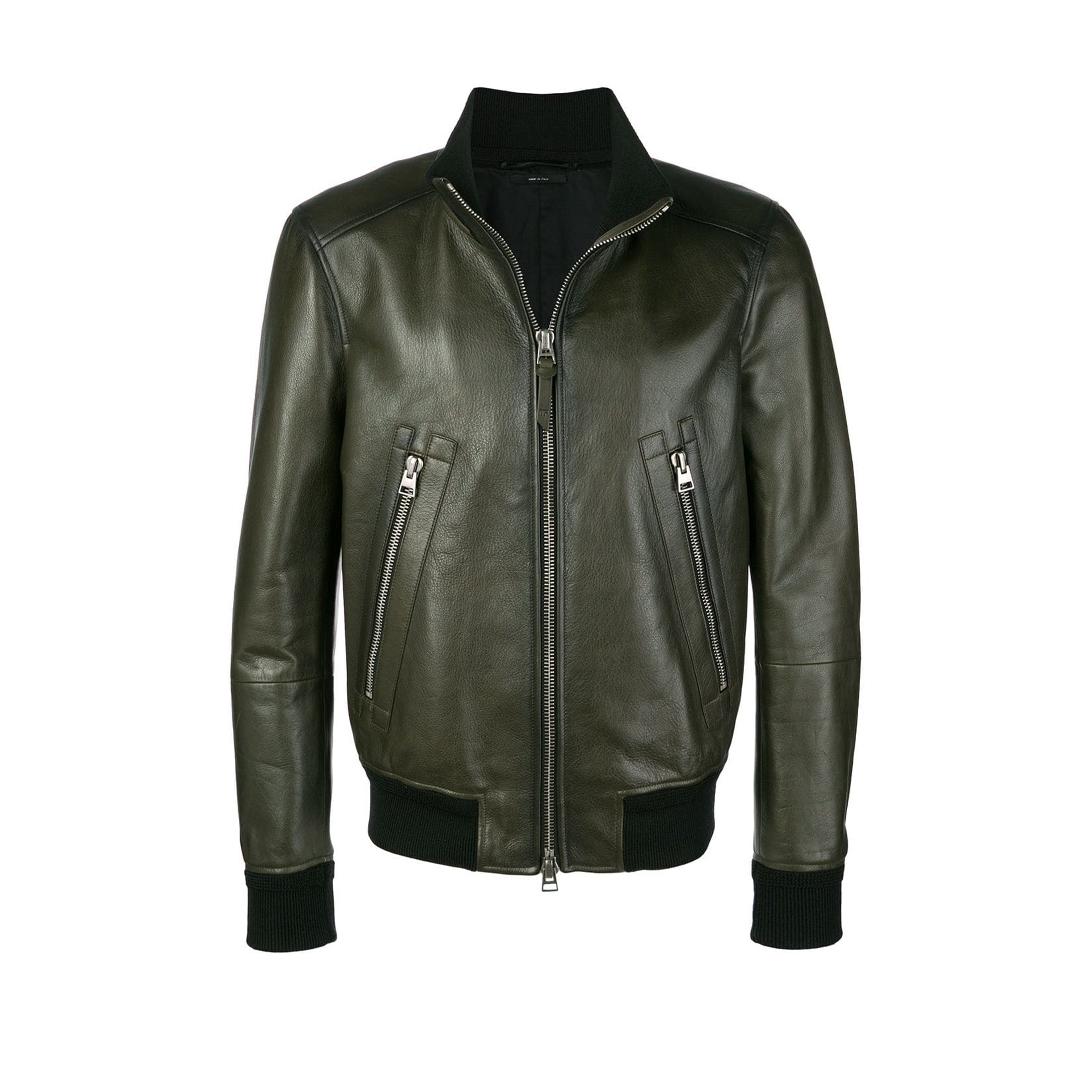 Tom Ford Men's Fall And Winter Green Standing Collar Cowhide Jacket Fashion Temperament Retro Zipper Casual Jacket Coat Ngvp #8949