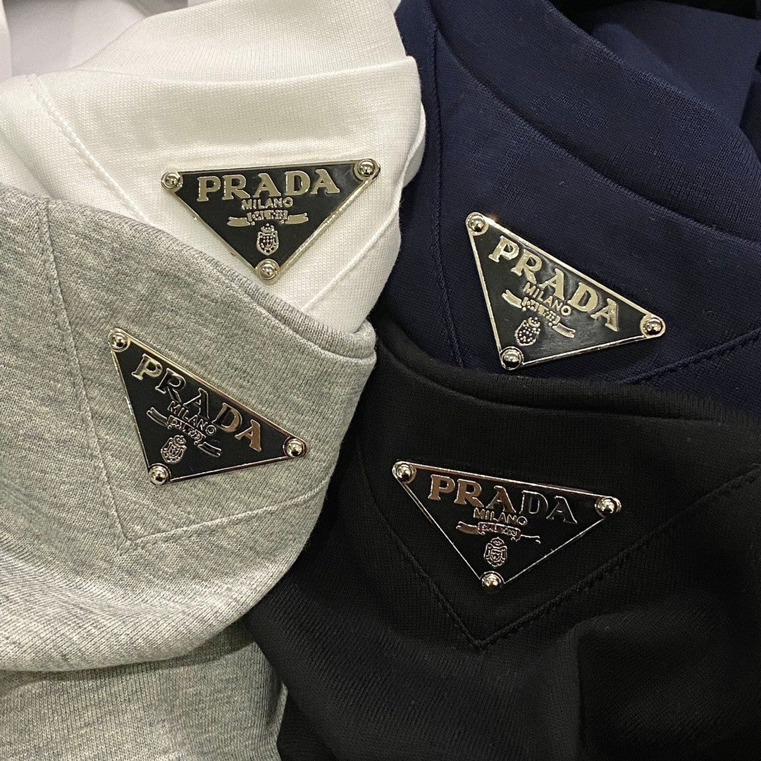 Prada Men's Summer Solid Color Triangle Logo Logo Round Neck Cotton Short Sleeve T-Shirt #75379