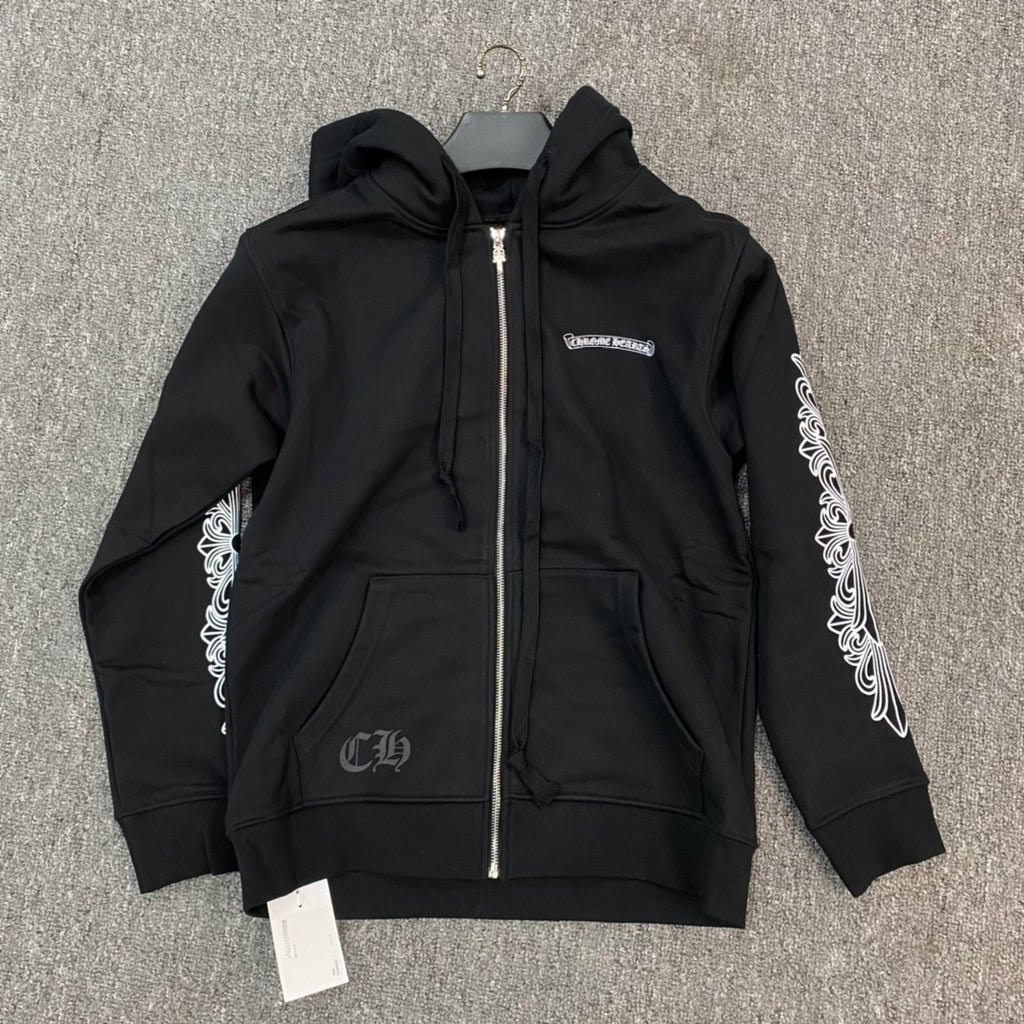 Chrome Hearts Men's Spring and Fall Black Logo Printed Zipper Long Sleeve Hooded Jacket #72485