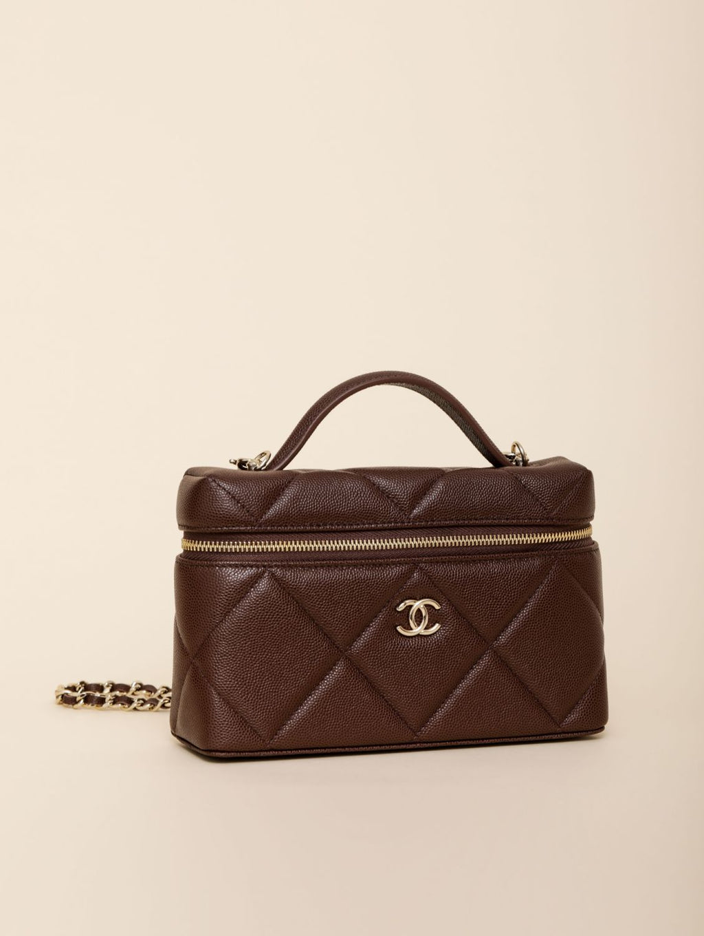 Chanel Chain Dressing Table Grained Shiny Calfskin with Gold Metal Dark Brown Fashion #332778