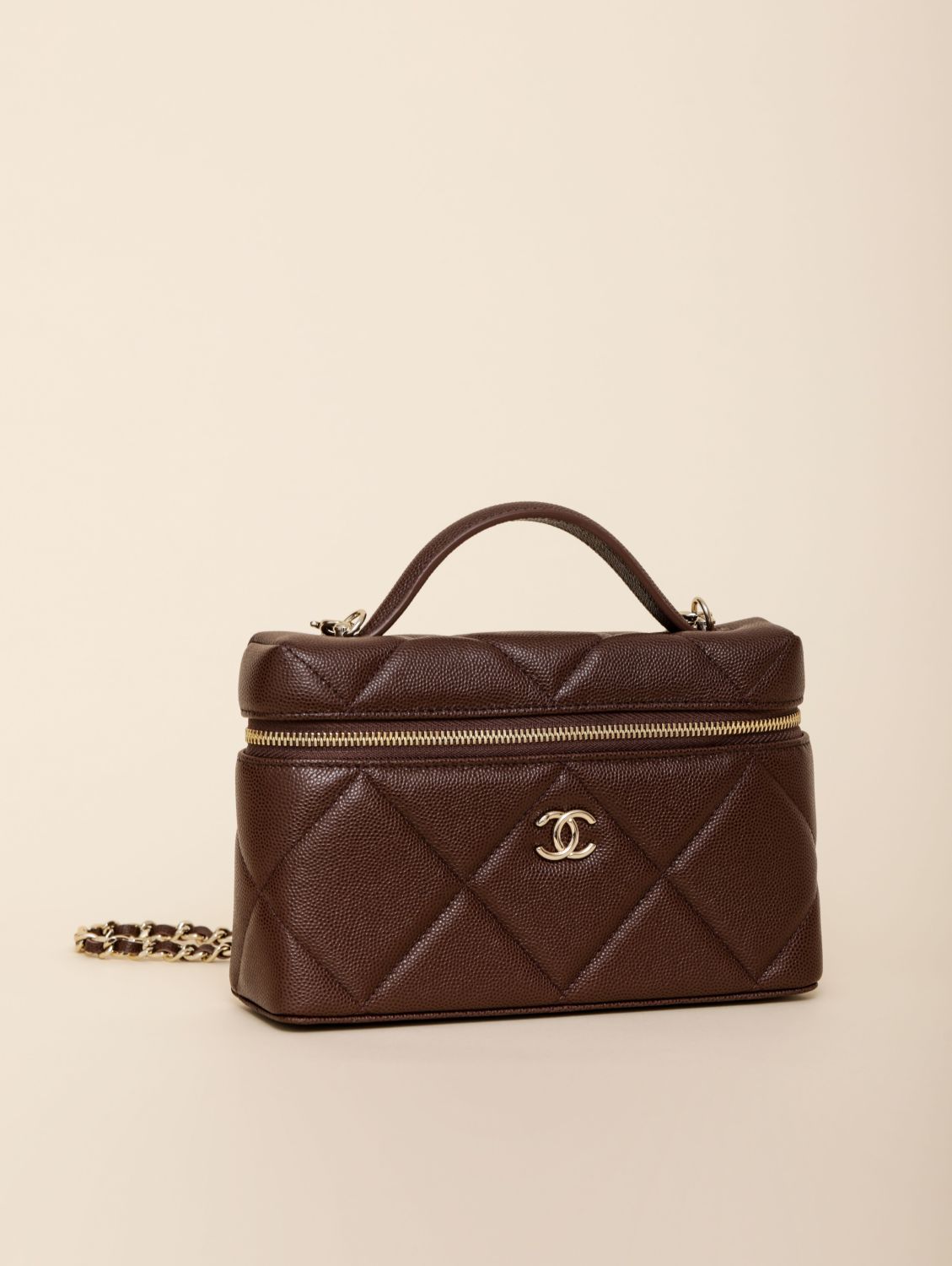 Chanel Chain Dressing Table Grained Shiny Calfskin with Gold Metal Dark Brown Fashion #332778