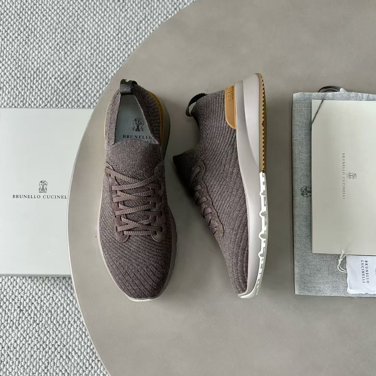 Brunello Cucinelli  Men's Spring Autumn Knitted Cotton Fabric Patchwork Semi-Polished Calfskin Sneakers Fashion Comfort Sports Running Shoes #81233