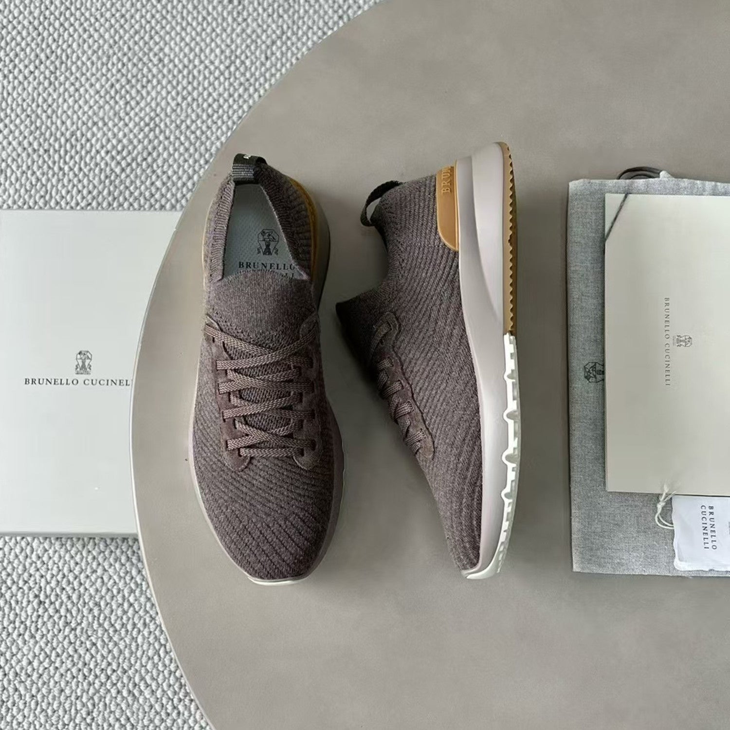 Brunello Cucinelli  Men's Spring Autumn Knitted Cotton Fabric Patchwork Semi-Polished Calfskin Sneakers Fashion Comfort Sports Running Shoes #81233