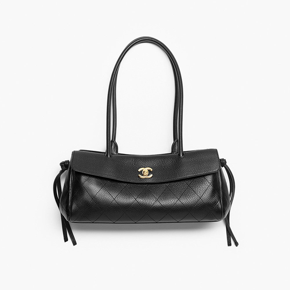 Chanel Small Shopping Bag Grained Calfskin Gold-tone Metal Black #380058
